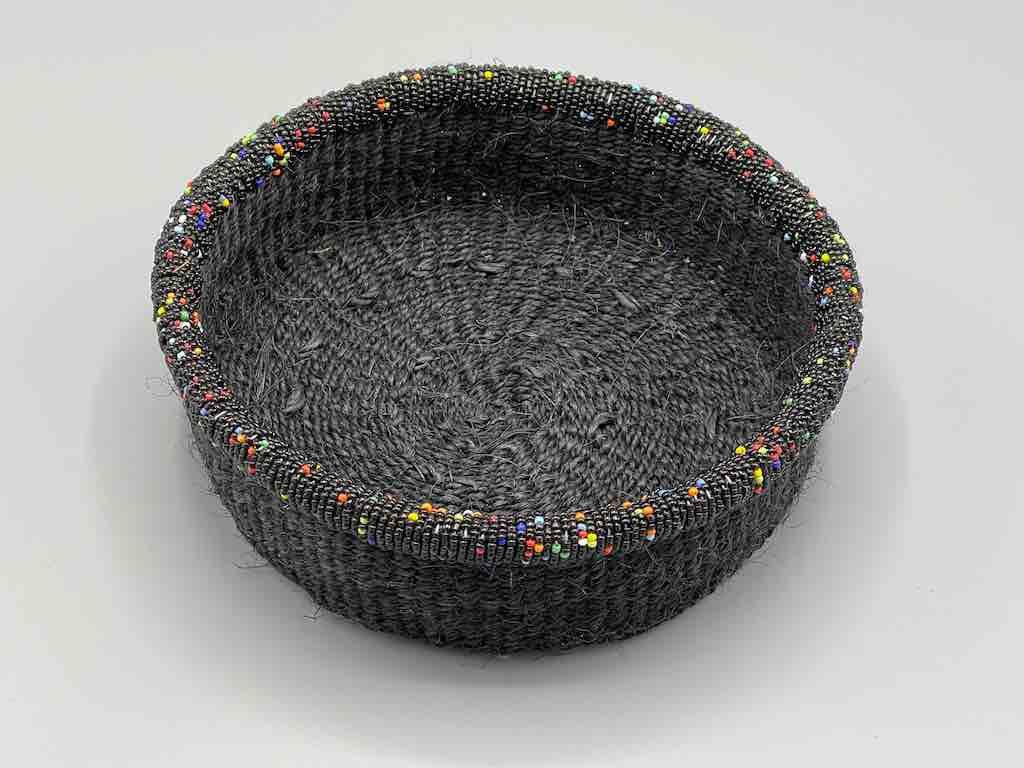 Black Bead Rim Shallow Black Sisal Round Basket - Kenya