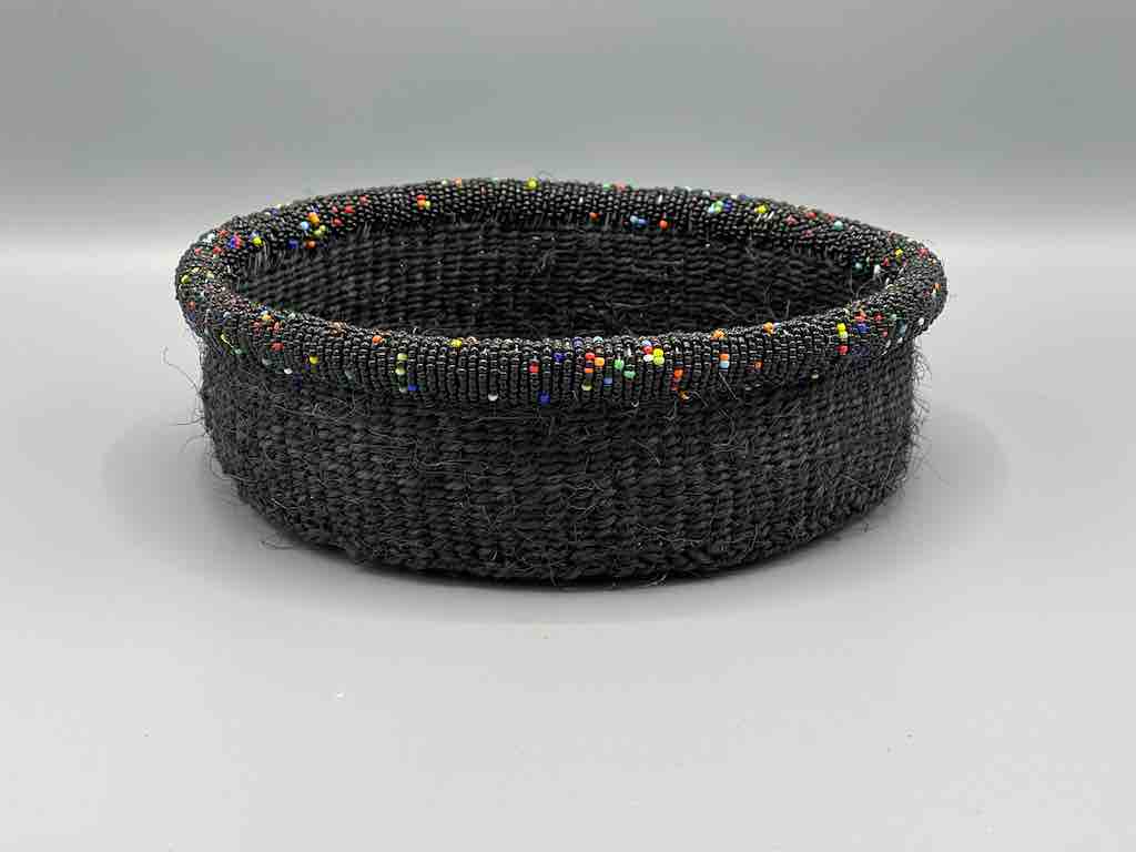 Black Bead Rim Shallow Black Sisal Round Basket - Kenya