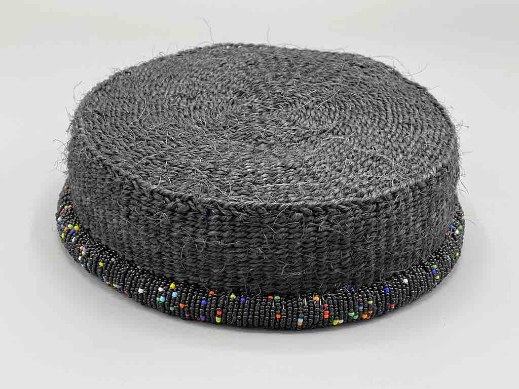 Black Bead Rim Shallow Black Sisal Round Basket - Kenya