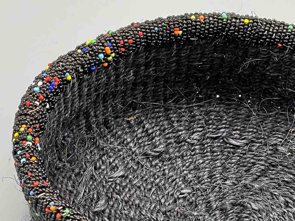 Black Bead Rim Shallow Black Sisal Round Basket - Kenya