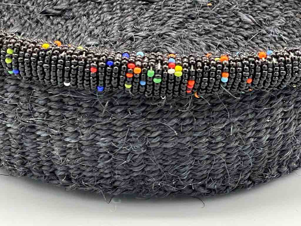 Black Bead Rim Shallow Black Sisal Round Basket - Kenya