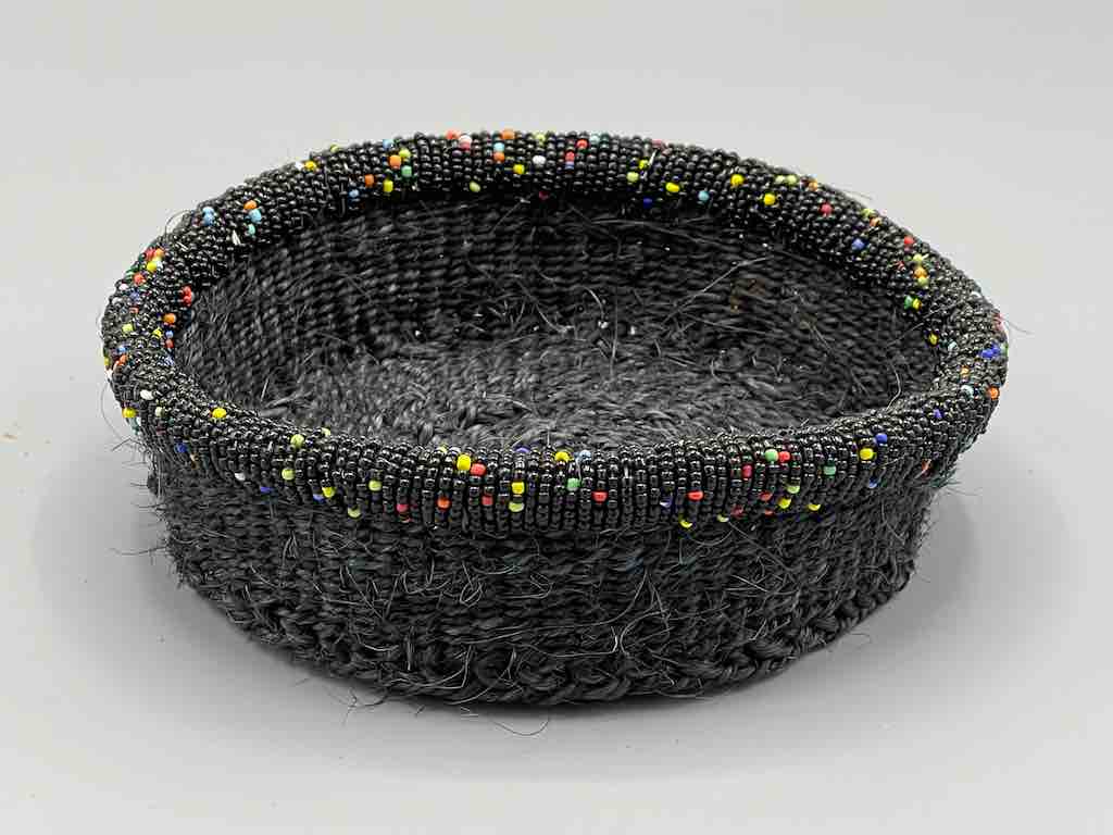 Black Bead Rim Shallow Black Sisal Round Basket - Kenya