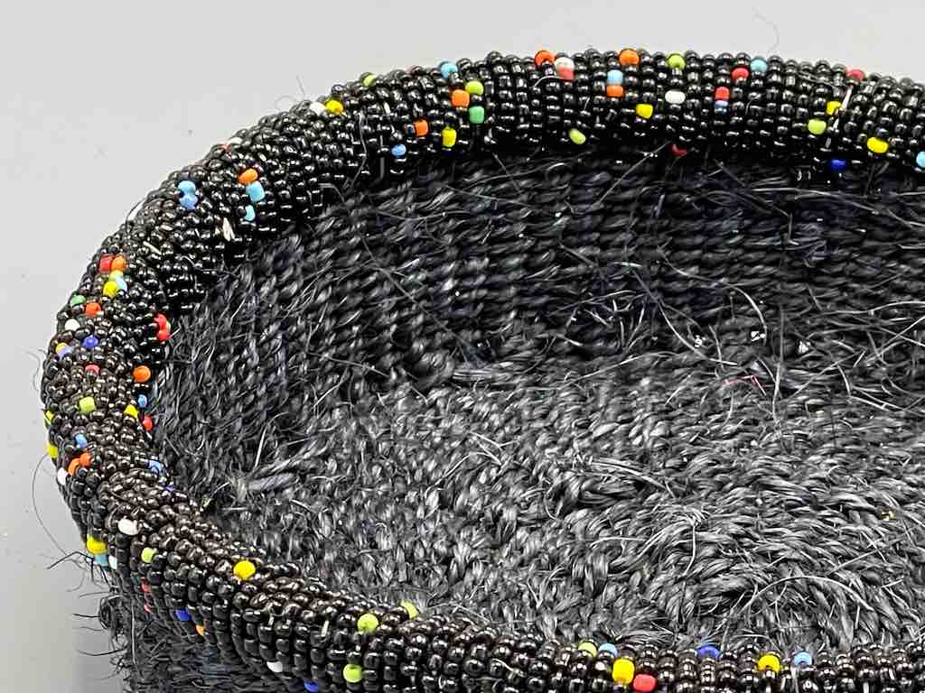 Black Bead Rim Shallow Black Sisal Round Basket - Kenya