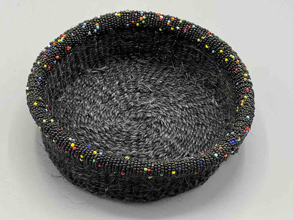 Black Bead Rim Shallow Black Sisal Round Basket - Kenya