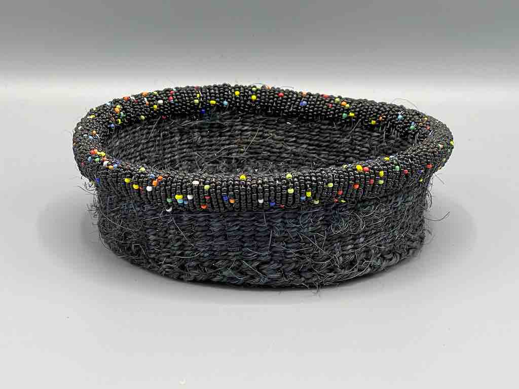 Black Bead Rim Shallow Black Sisal Round Basket - Kenya