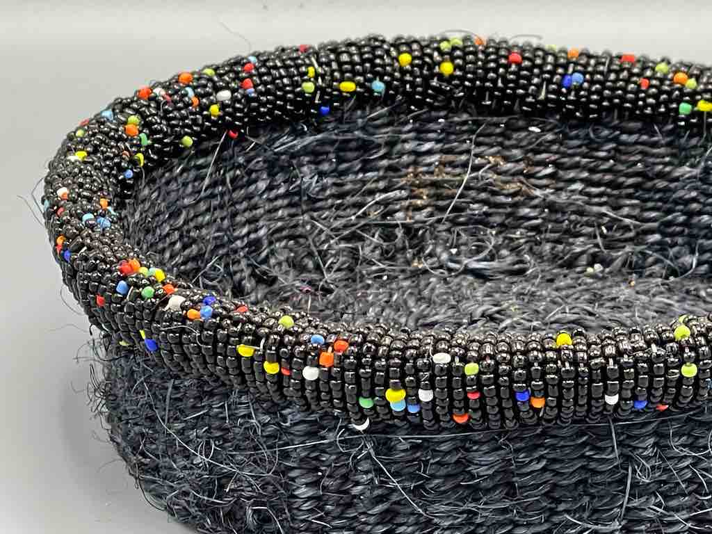 Black Bead Rim Shallow Black Sisal Round Basket - Kenya