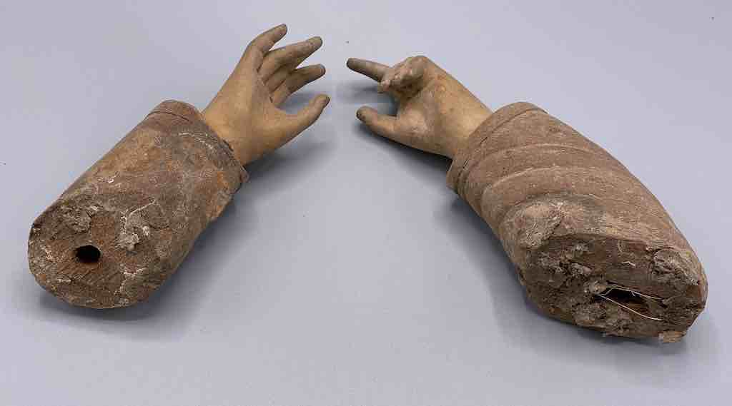 Antique Vietnamese Saint Figure Hand Pair - 4 7/8" & 5 5/8"