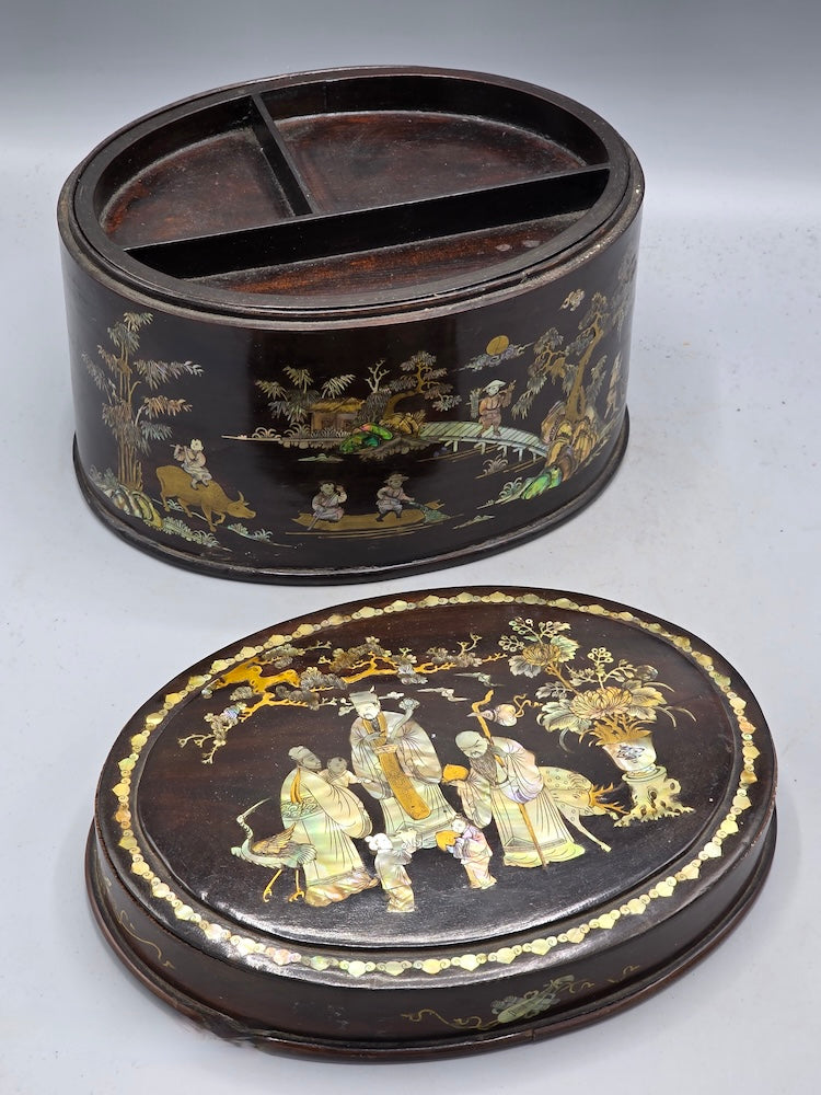 Vintage Oval Vietnamese Mother of Pearl Inlaid Jewelry Box