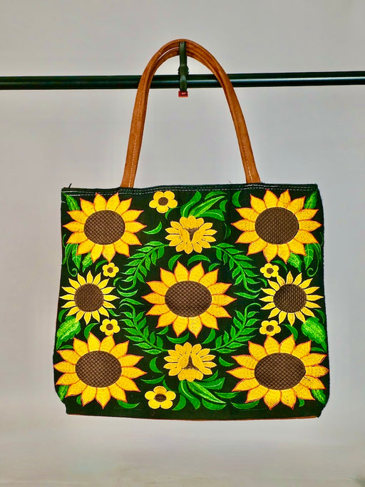 Embroidered Sunflowers Design Leather Handle Handbag - El Salvador - Niger Bend