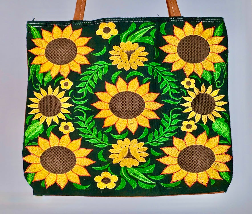 Embroidered Sunflowers Design Leather Handle Handbag - El Salvador - Niger Bend