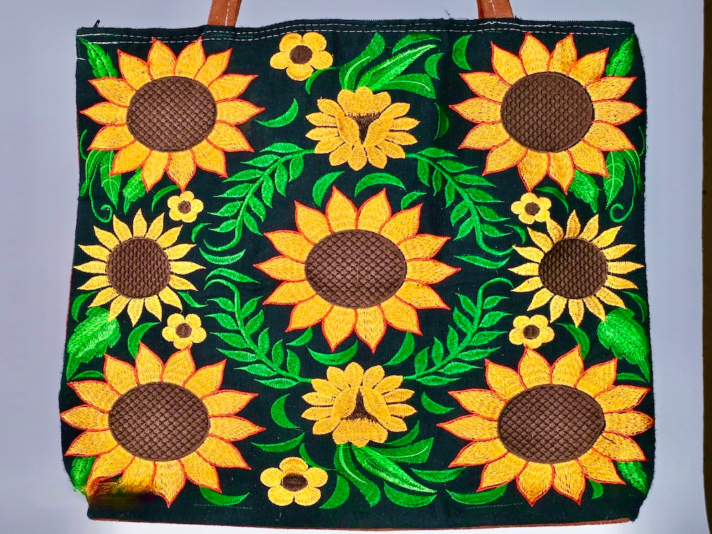Embroidered Sunflowers Design Leather Handle Handbag - El Salvador - Niger Bend