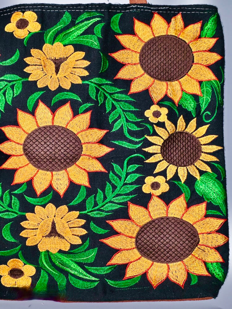 Embroidered Sunflowers Design Leather Handle Handbag - El Salvador - Niger Bend