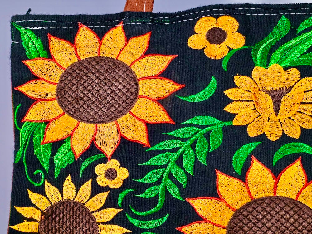 Embroidered Sunflowers Design Leather Handle Handbag - El Salvador - Niger Bend