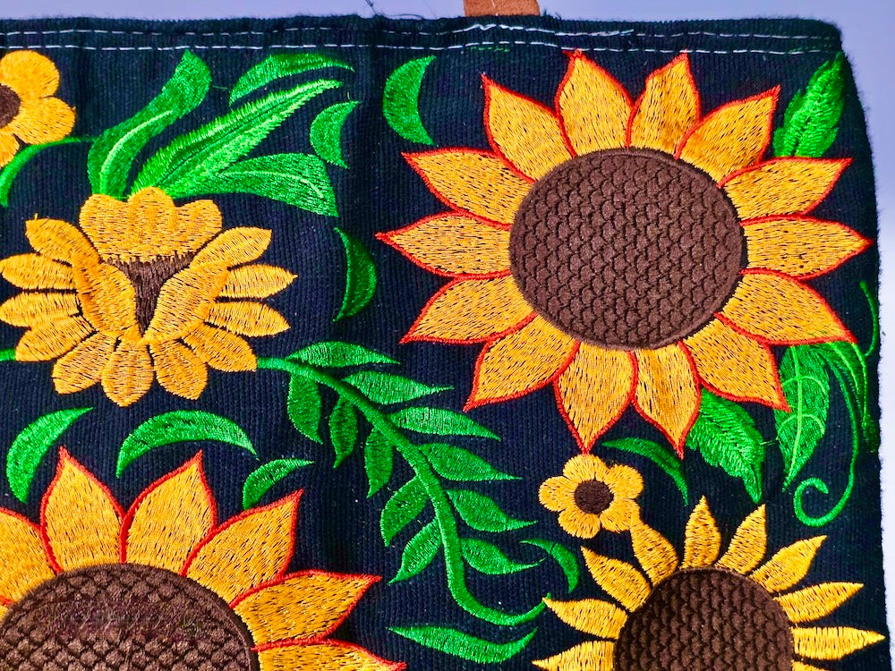Embroidered Sunflowers Design Leather Handle Handbag - El Salvador - Niger Bend
