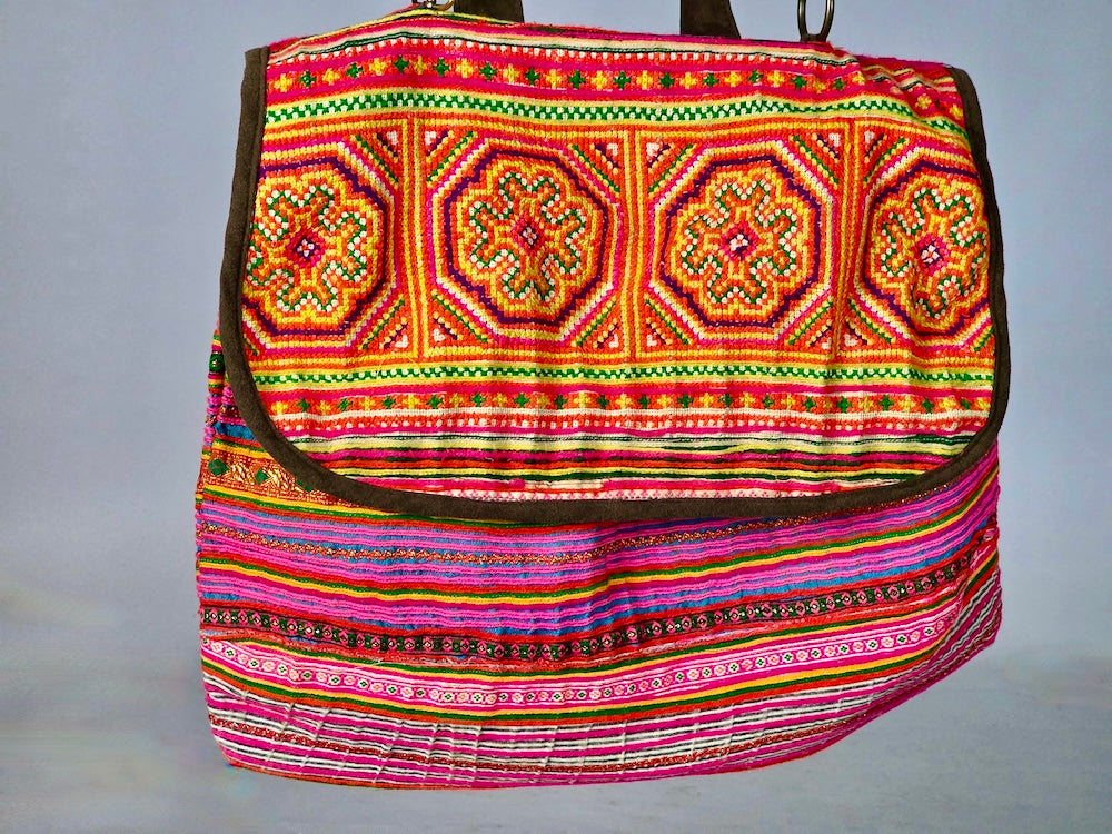 Dual Handle Flap Closure Handbag of Vintage Hmong Tribal Vietnamese Cloth - Niger Bend