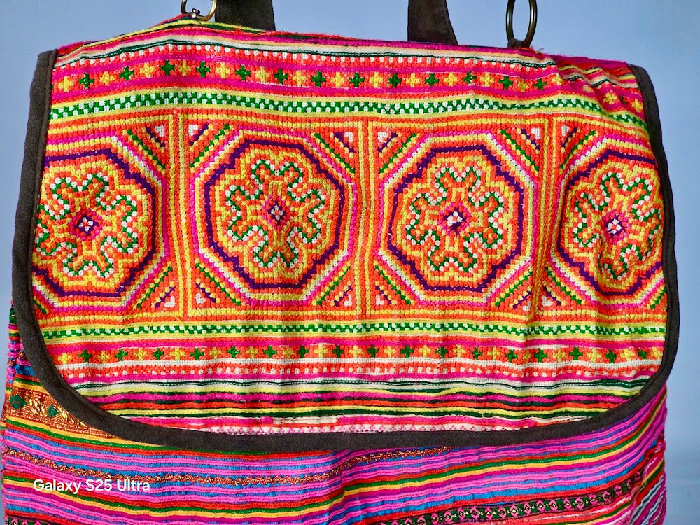 Dual Handle Flap Closure Handbag of Vintage Hmong Tribal Vietnamese Cloth - Niger Bend
