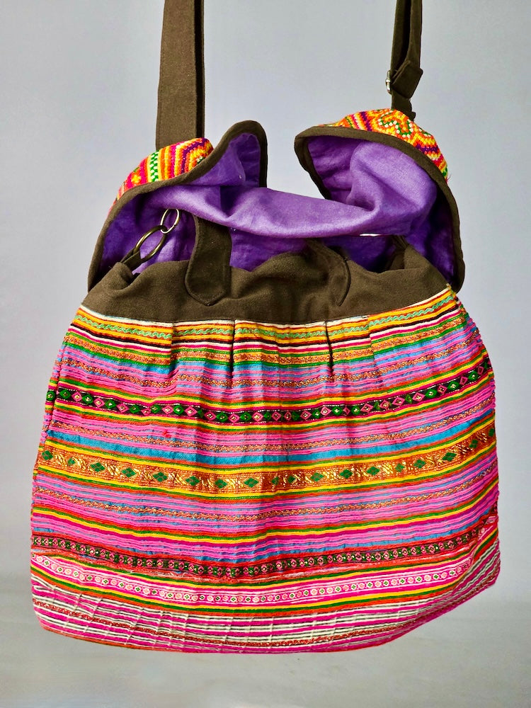 Dual Handle Flap Closure Handbag of Vintage Hmong Tribal Vietnamese Cloth - Niger Bend