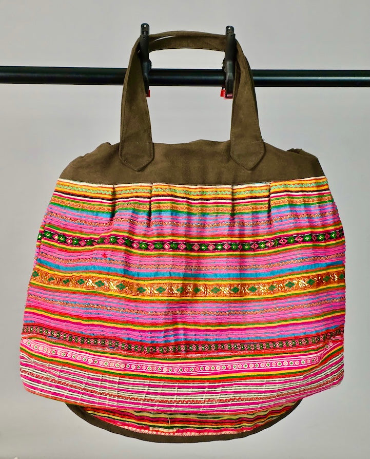 Dual Handle Flap Closure Handbag of Vintage Hmong Tribal Vietnamese Cloth - Niger Bend