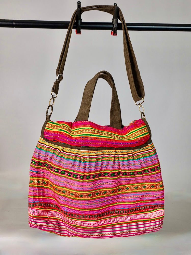 Dual Handle Flap Closure Handbag of Vintage Hmong Tribal Vietnamese Cloth - Niger Bend