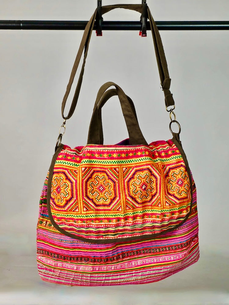 Dual Handle Flap Closure Handbag of Vintage Hmong Tribal Vietnamese Cloth - Niger Bend