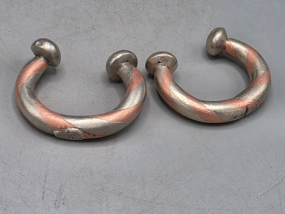 Pair Small Tuareg Coin Silver & Copper Cuff Bracelets - Mali