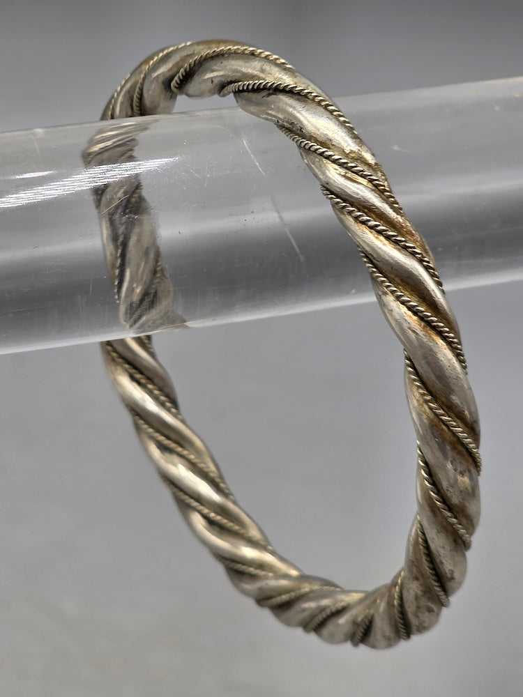 Handcrafted Twisted Coin Silver Bangle Bracelet - Southwest China/Himalayan Region