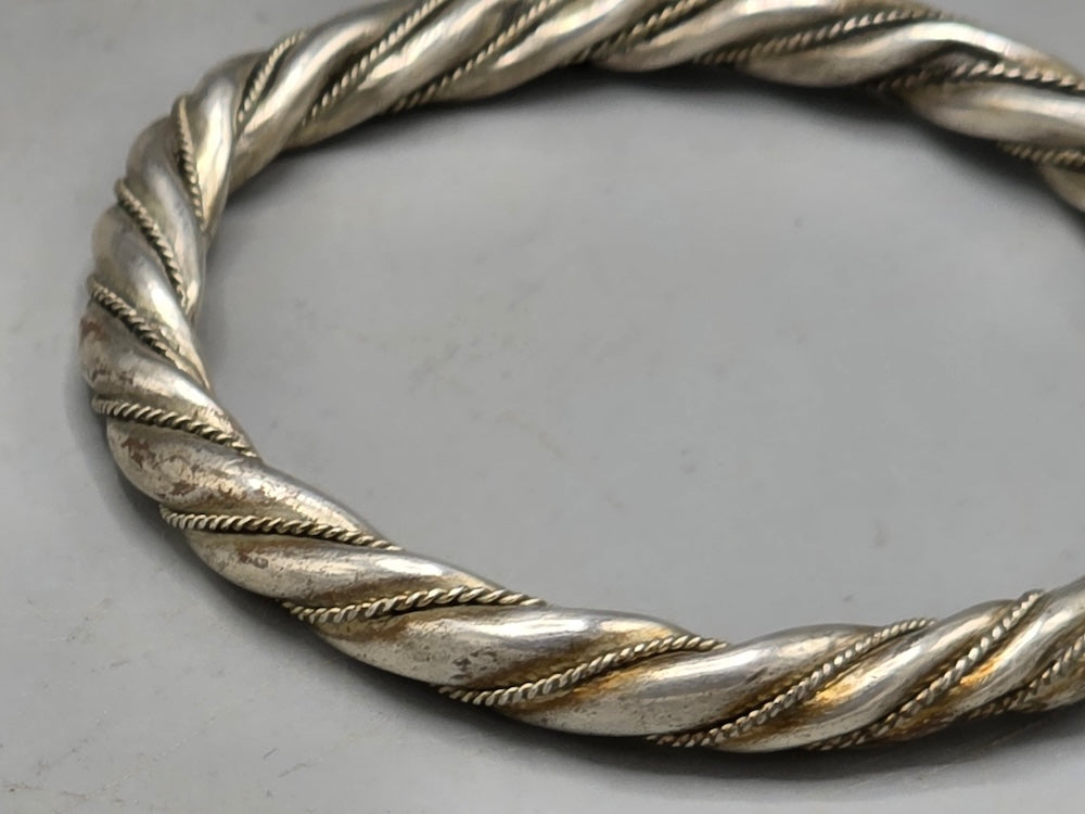 Handcrafted Twisted Coin Silver Bangle Bracelet - Southwest China/Himalayan Region