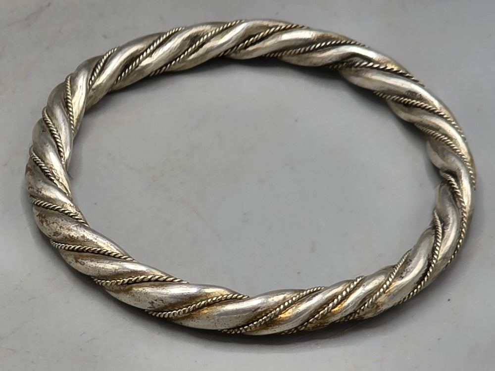 Handcrafted Twisted Coin Silver Bangle Bracelet - Southwest China/Himalayan Region