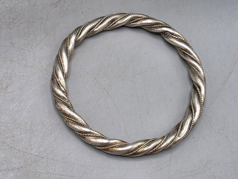 Handcrafted Twisted Coin Silver Bangle Bracelet - Southwest China/Himalayan Region