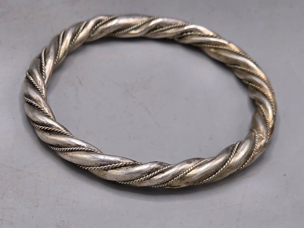Handcrafted Twisted Coin Silver Bangle Bracelet - Southwest China/Himalayan Region