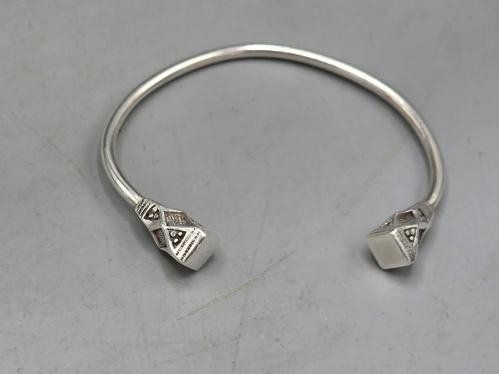 Handcrafted Tuareg Silver Cuff Bracelet with Geometric Diamond Finials - Niger