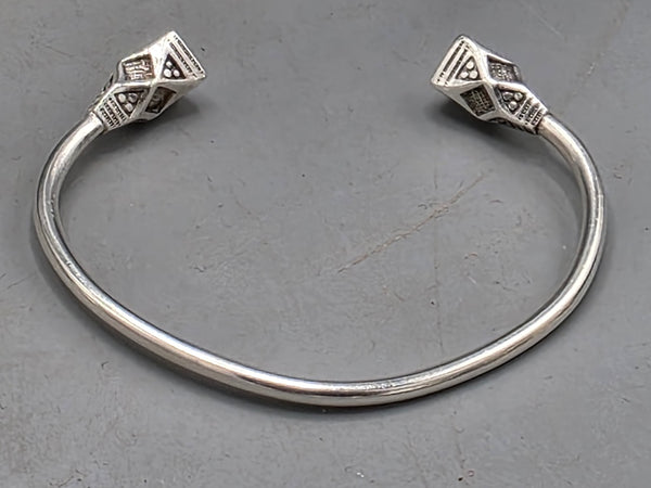 Handcrafted Tuareg Silver Cuff Bracelet with Geometric Diamond Finials - Niger