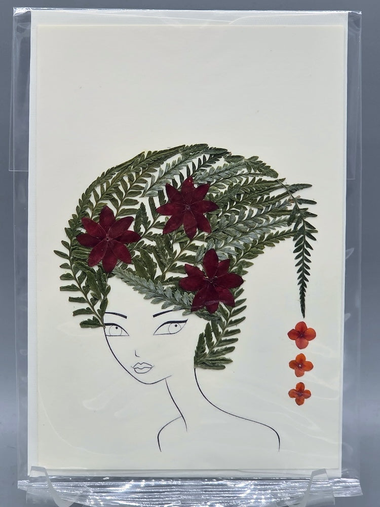 Handmade Pressed Dried Real Flower Greeting Card - Woman Hairdo