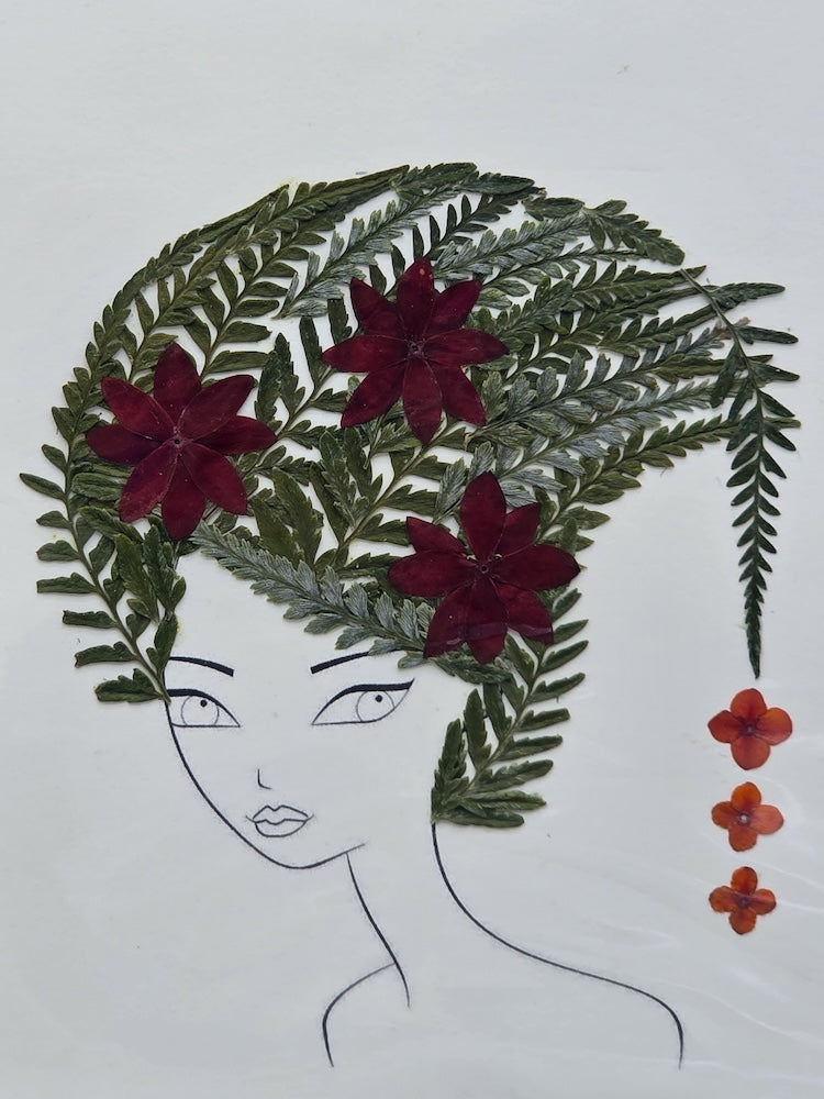 Handmade Pressed Dried Real Flower Greeting Card - Woman Hairdo