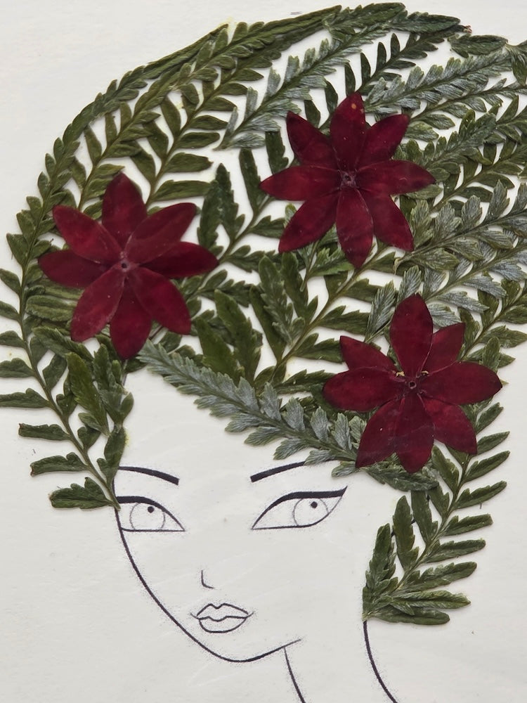 Handmade Pressed Dried Real Flower Greeting Card - Woman Hairdo