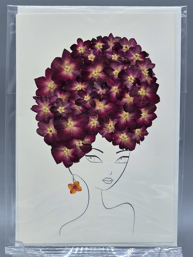 Handmade Pressed Dried Real Flower Greeting Card - Woman Hairdo