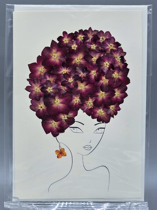 Handmade Pressed Dried Real Flower Greeting Card - Woman Hairdo