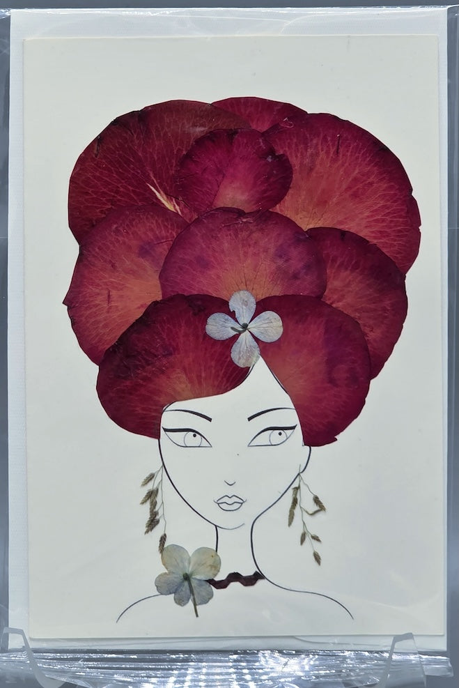 Handmade Pressed Dried Real Flower Greeting Card - Woman Hairdo