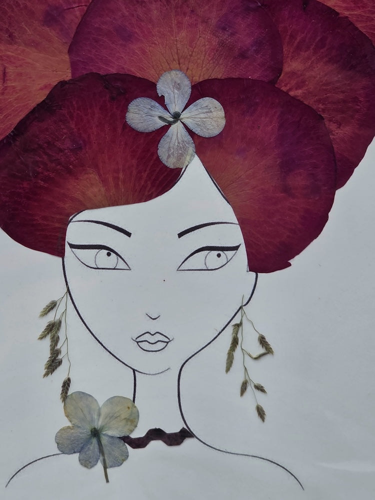 Handmade Pressed Dried Real Flower Greeting Card - Woman Hairdo