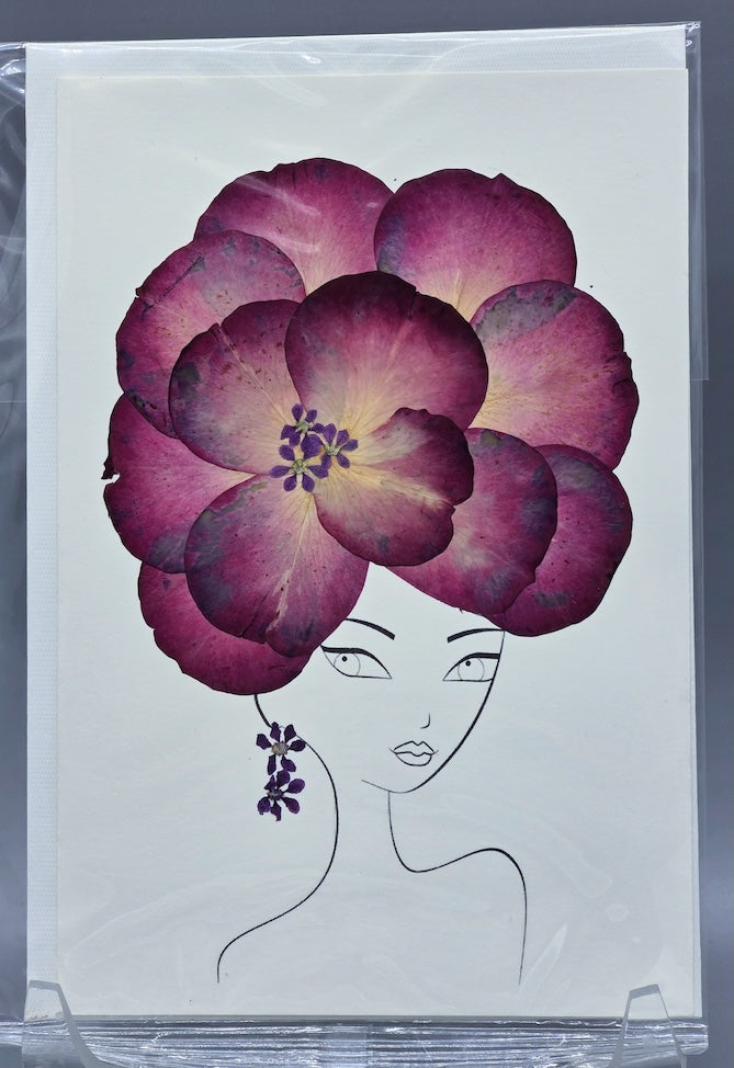 Handmade Pressed Dried Real Flower Greeting Card - Woman Hairdo