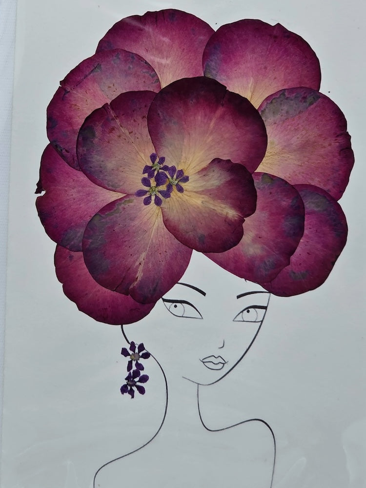 Handmade Pressed Dried Real Flower Greeting Card - Woman Hairdo