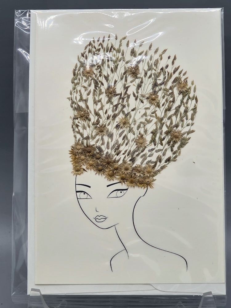 Handmade Pressed Dried Real Flower Greeting Card - Woman Hairdo