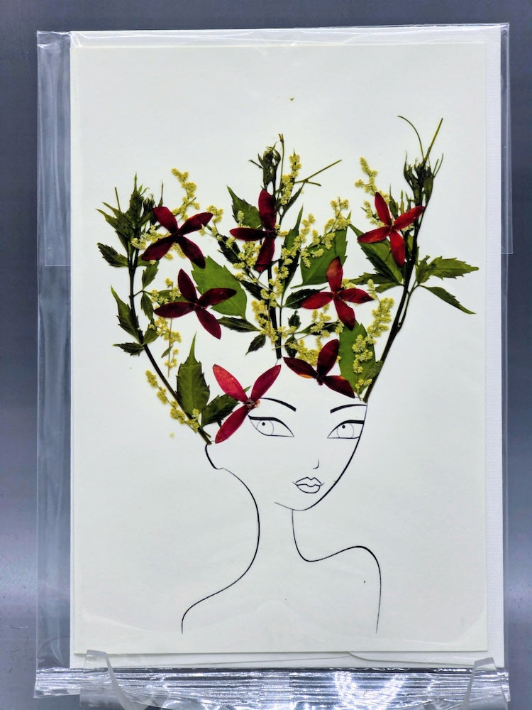Handmade Pressed Dried Real Flower Greeting Card - Woman Hairdo