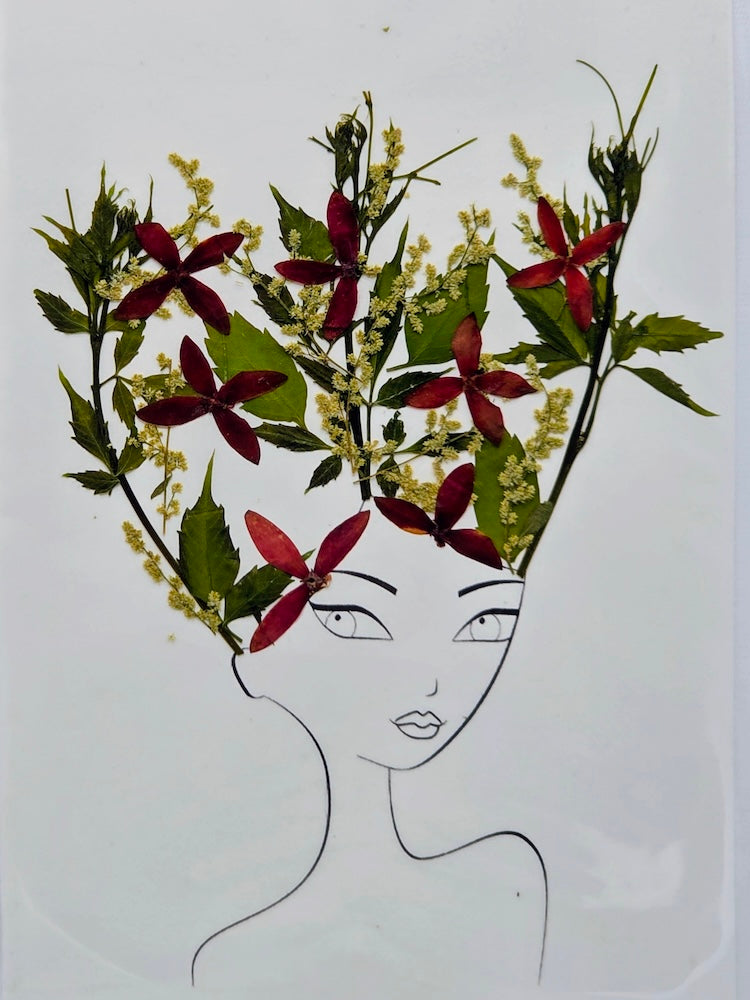 Handmade Pressed Dried Real Flower Greeting Card - Woman Hairdo