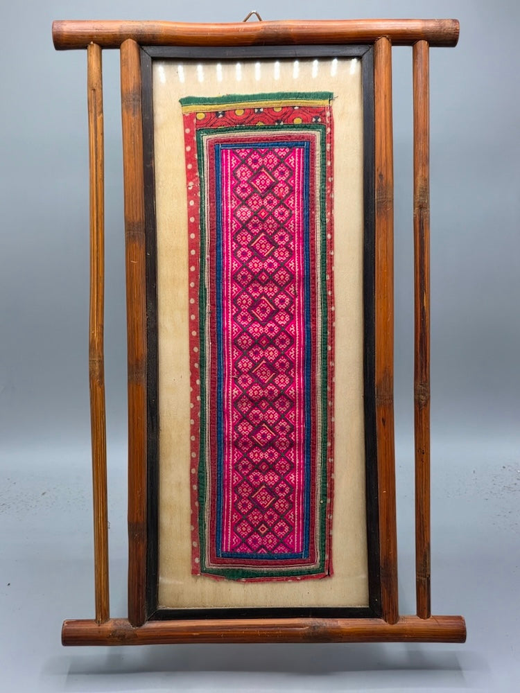Small Hmong Tribal Vietnamese Vintage Cloth Panel, Bamboo Frame