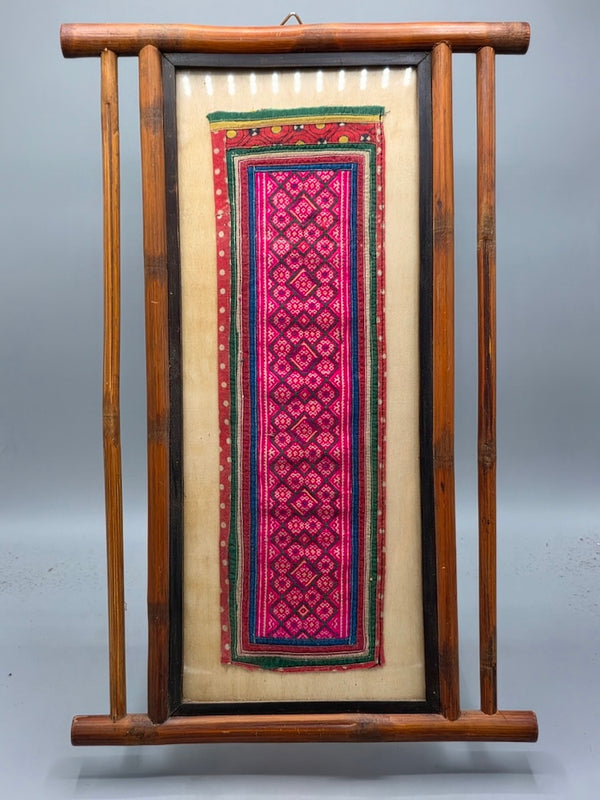 Small Hmong Tribal Vietnamese Vintage Cloth Panel, Bamboo Frame