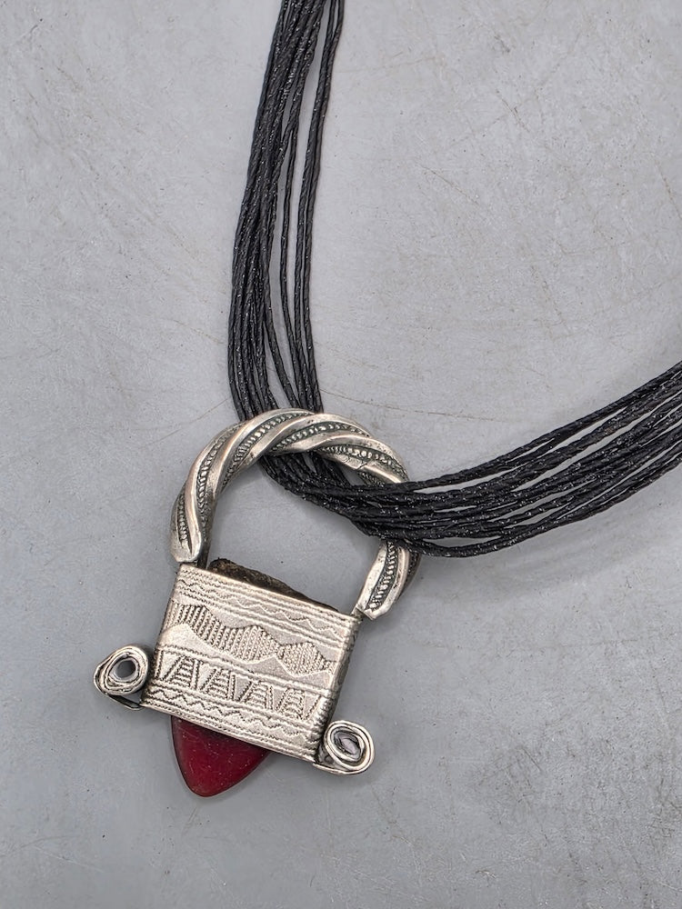 Tuareg InGall Coin Silver & Glass Pendant Leather Necklace/Choker  - Niger