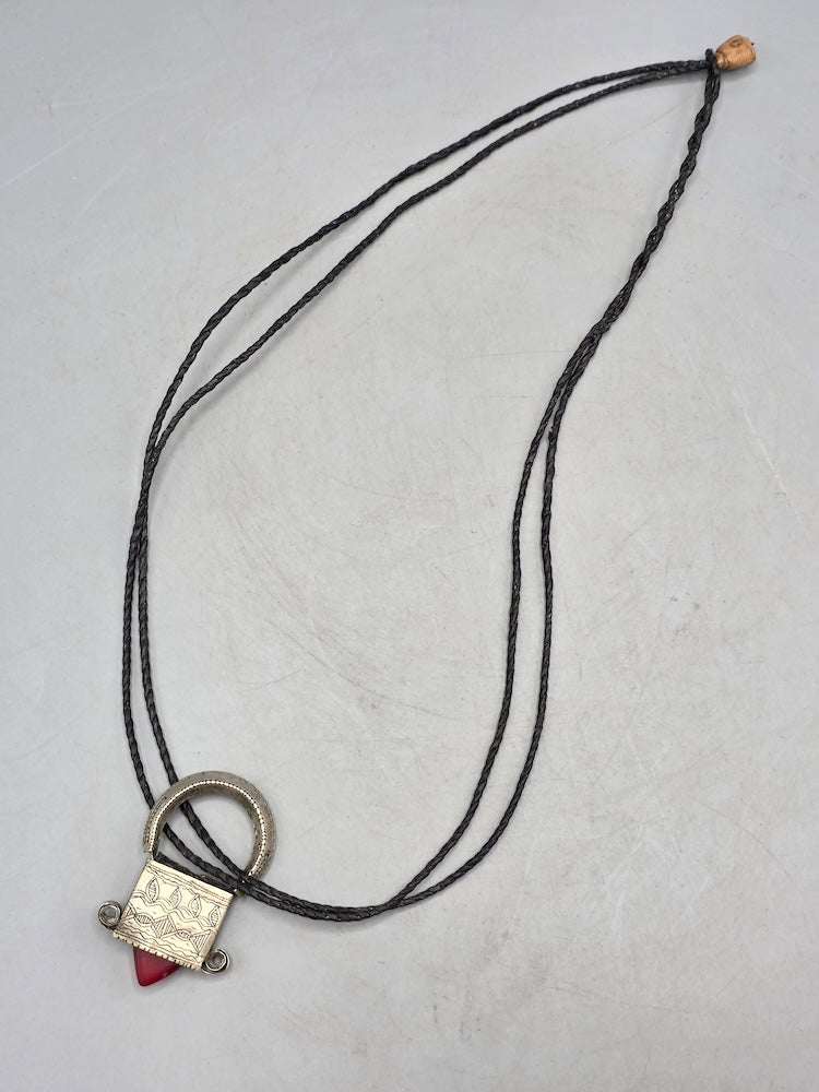 Tuareg InGall Coin Silver & Glass Pendant Leather Necklace/Choker  - Niger