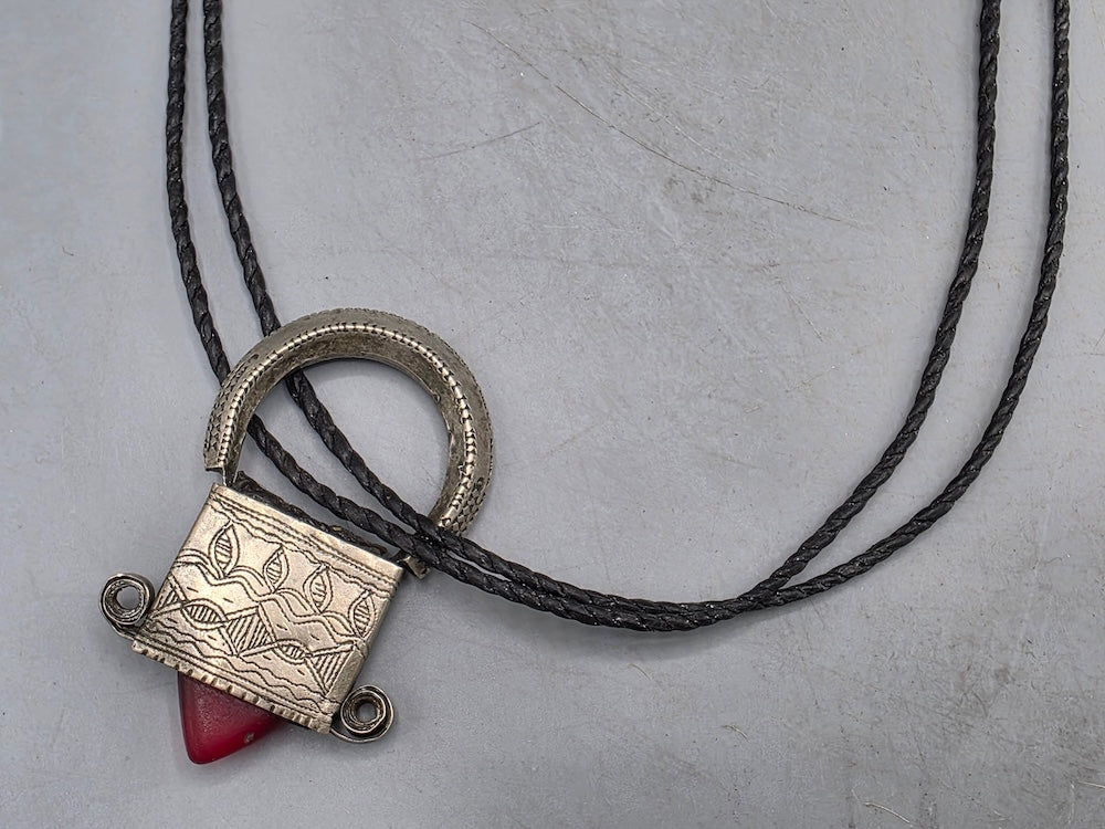 Tuareg InGall Coin Silver & Glass Pendant Leather Necklace/Choker  - Niger