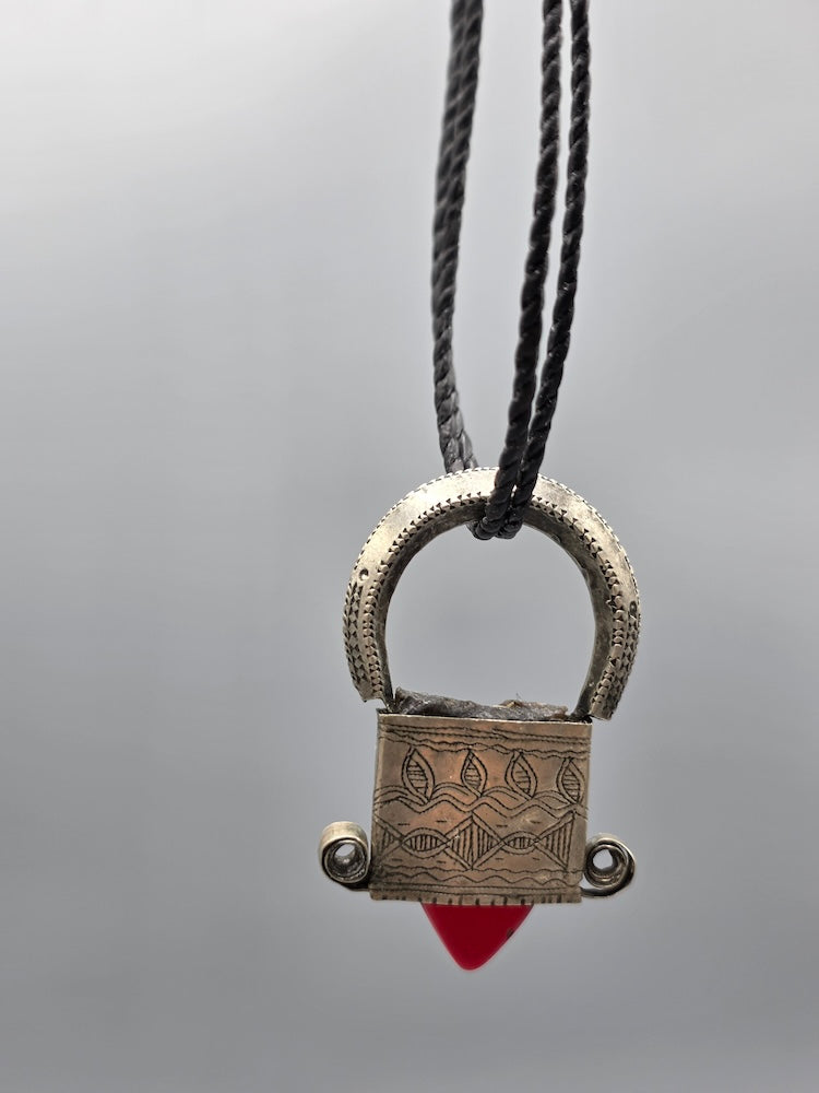 Tuareg InGall Coin Silver & Glass Pendant Leather Necklace/Choker  - Niger